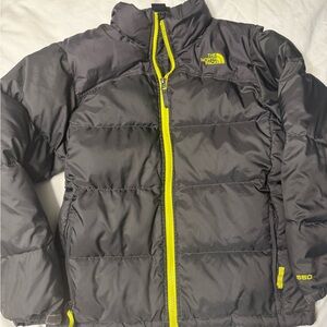 The North Face Kids Charcoal Puffer with Neon Yellow Trim